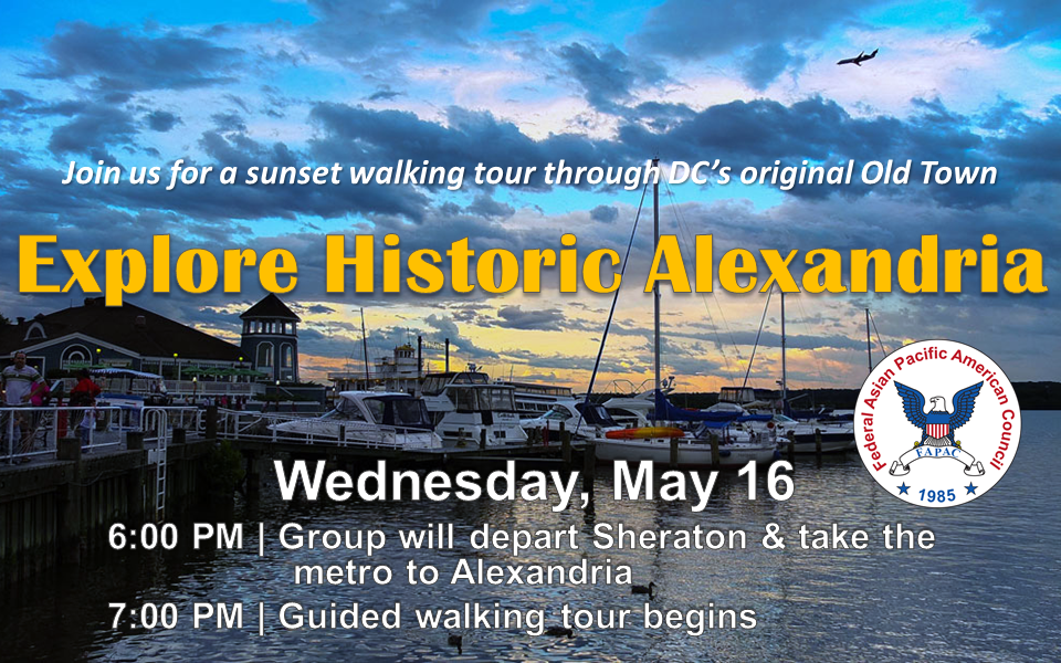 Text over background image of Alexandria waterfront